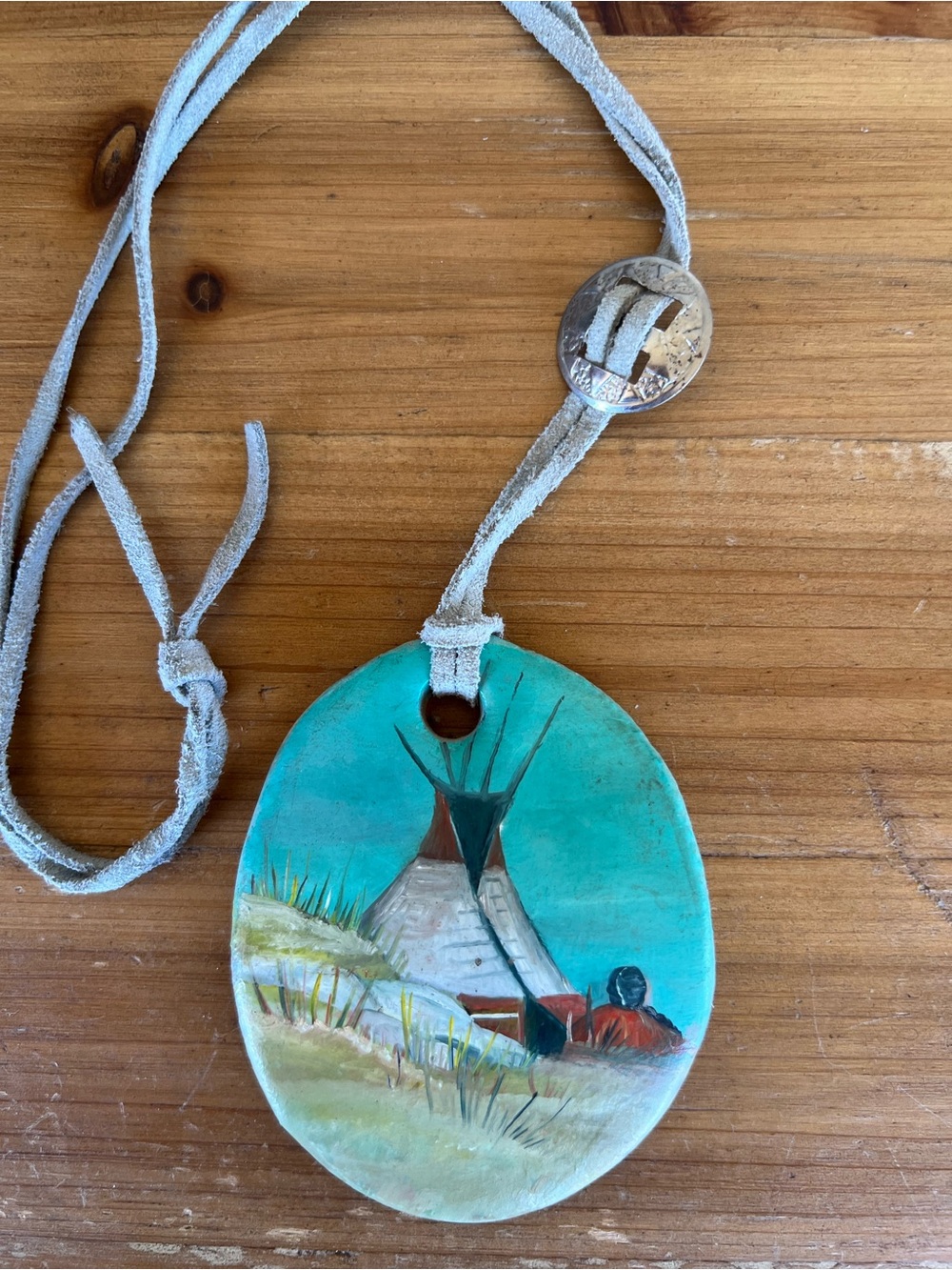 Hand-Painted Teardrop Pendant Necklace in Turquoise and Earth Tones